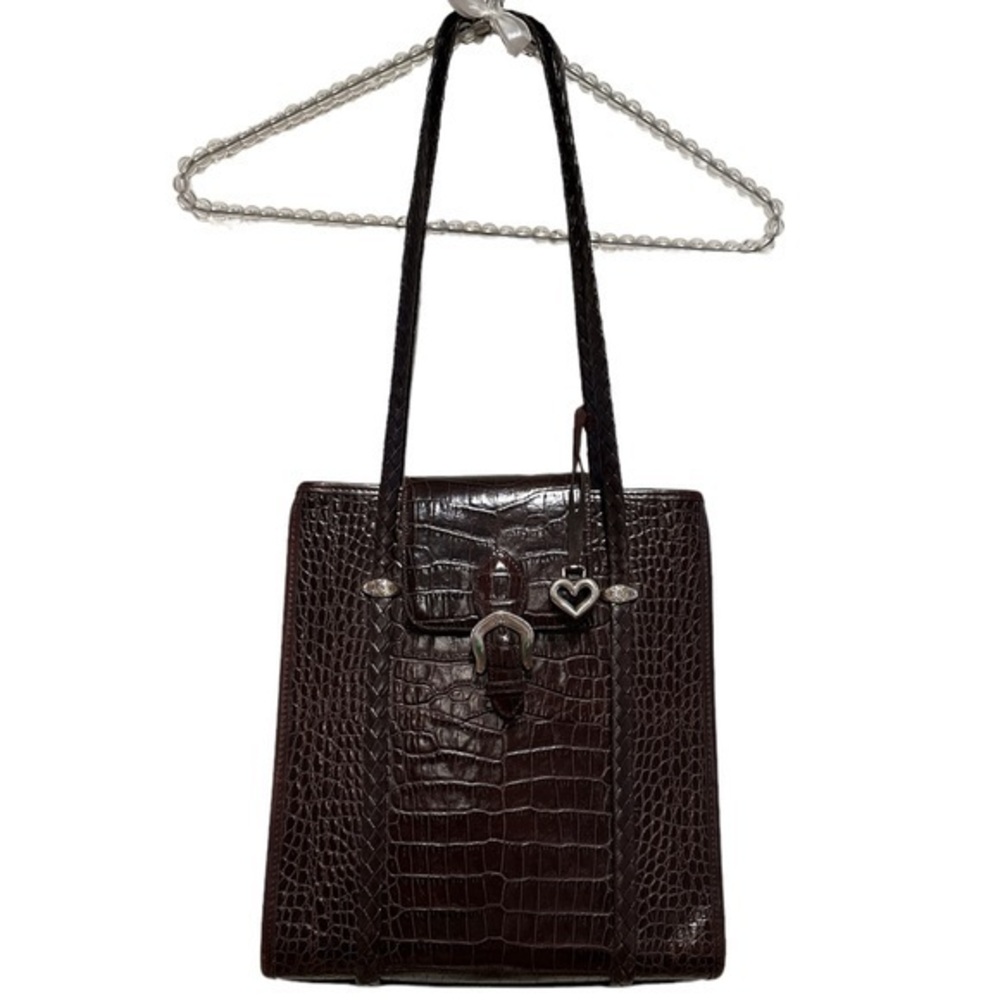BRIGHTON VINTAGE DARK BROWN CROC CHIC HEART CHARM WESTERN BUSINESS HANDBAG